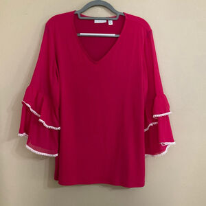 NWOT Susan Graver Womens 1X bell sleeve blouse with lace trim boho workwear